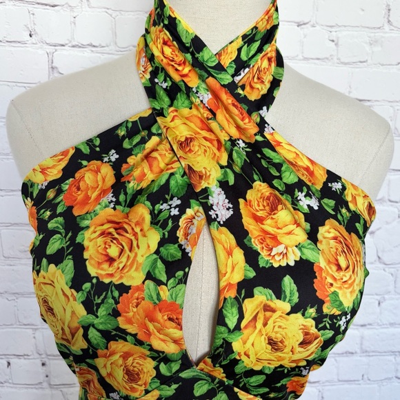 ZARA Black Floral Sleeveless Twist Halter Neck Bodysuit--M - Picture 2 of 16